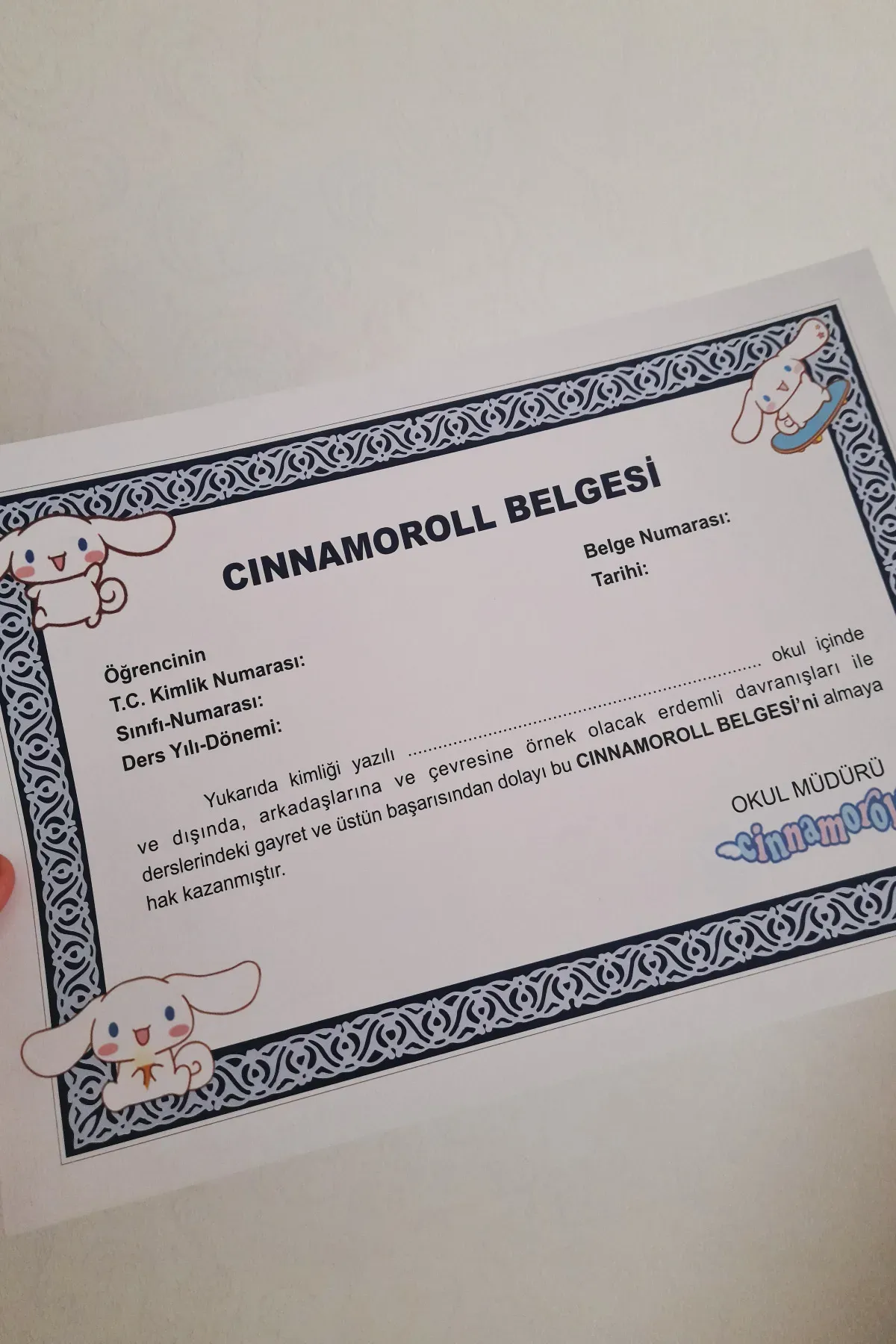 A4 Cinnamoroll Takdir Belgesi A4 Boyutunda Kişiselleştirilebilir