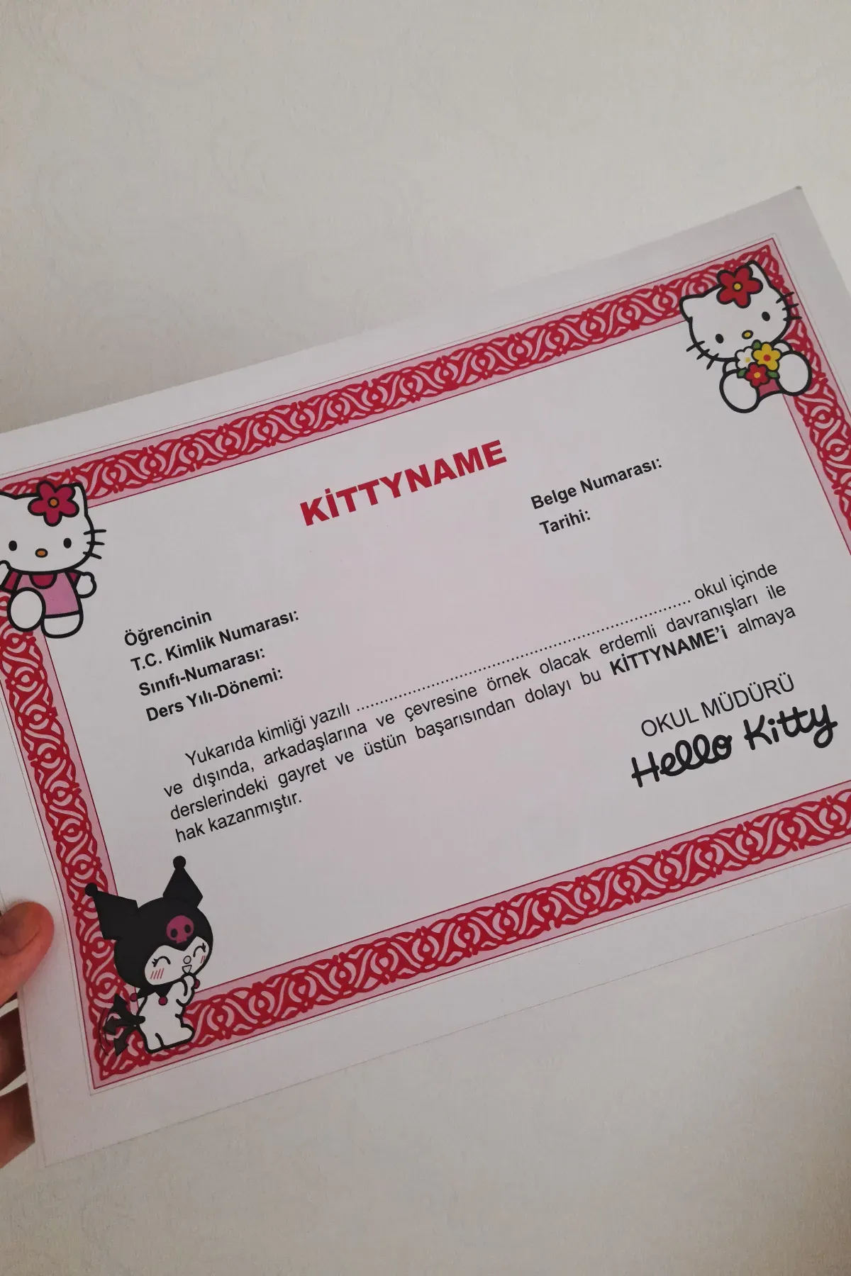 A4 Hello Kitty Takdir Belgesi A4 Boyutunda Kişiselleştirilebilir